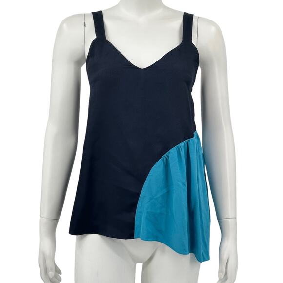 Tibi Top Women 0 Color Block Cami Tank Navy V-Neck Asymmetrical Silk Designer - Picture 1 of 9